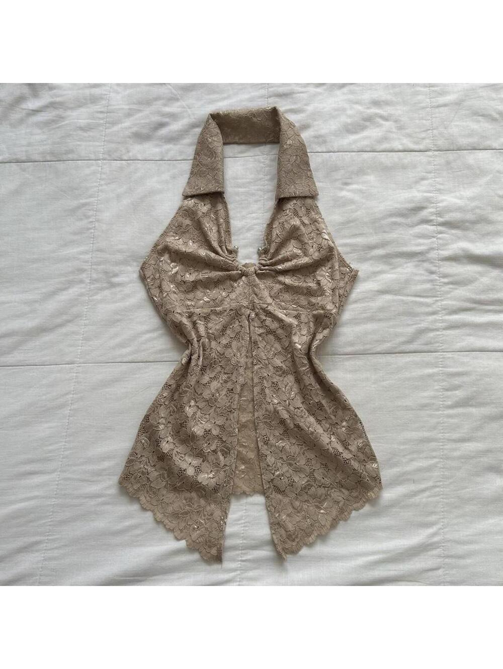 Y2K paper tag vintage Tan lace halter top with metal ring detail and open front
